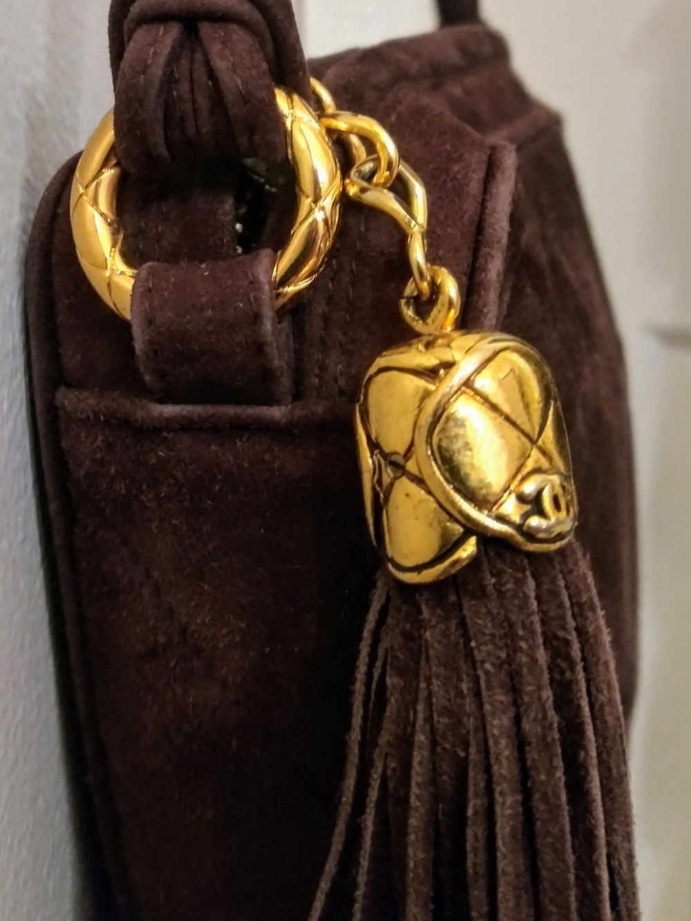 CHANEL Dark Brown Suede Quilted Crossbody with Tassel and Gold Charm - Picture 4 of 9